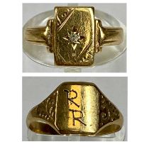 TWO 9CT GOLD SIGNET RINGS, the first set with a small diamond, size I, the other monogrammed R R,