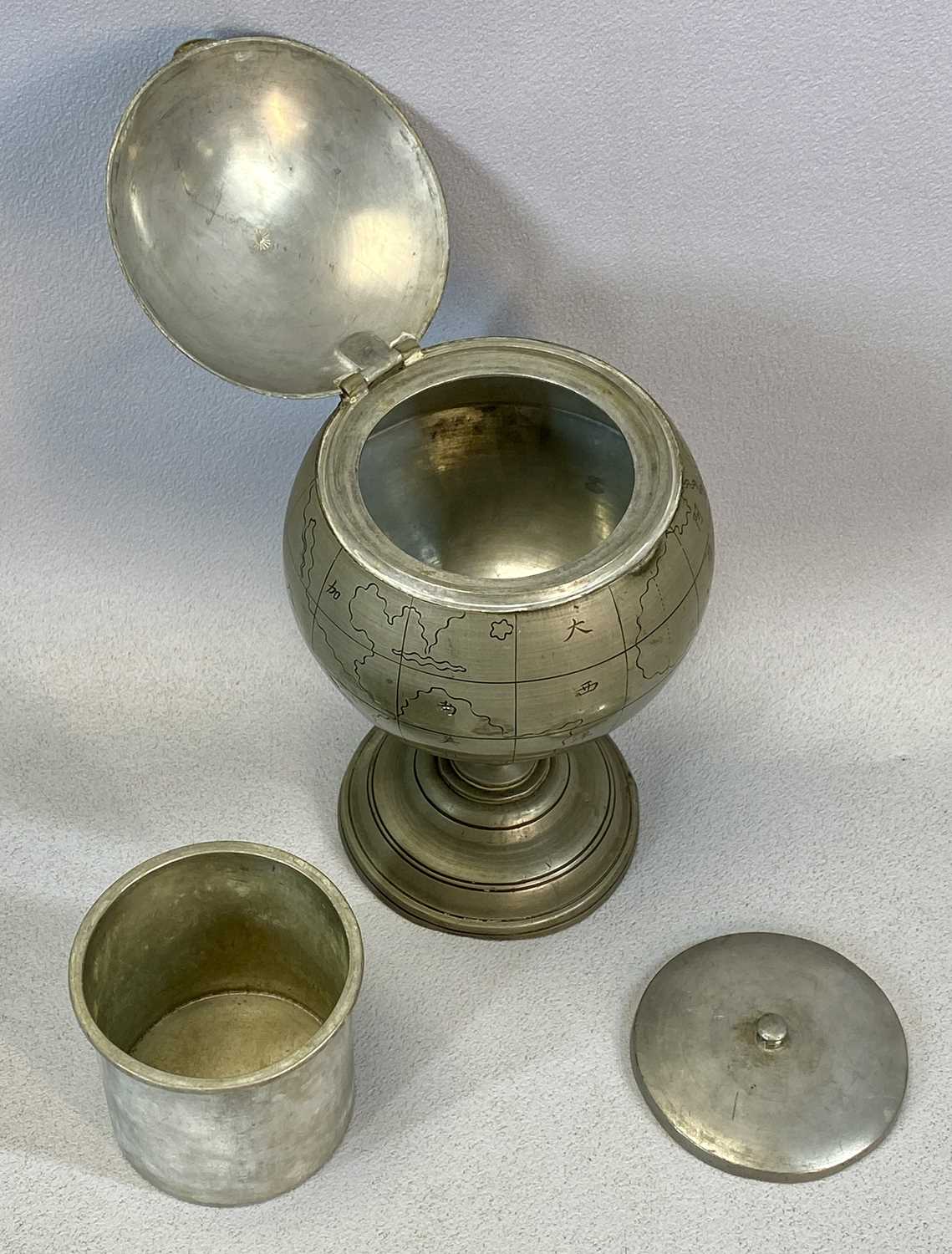 CHINESE PEWTER GLOBE SHAPED PEDESTAL TOBACCO JAR, early 20th century, hinged cover, interior - Image 3 of 5