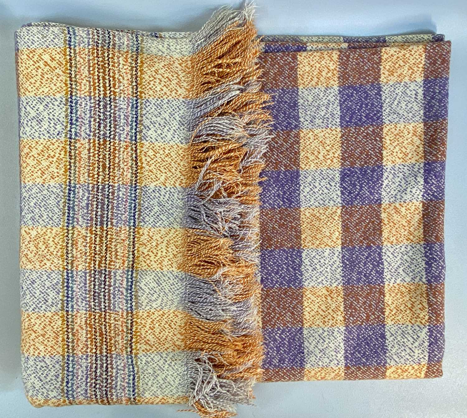 THREE VINTAGE WOOLEN BLANKETS, pink, blue, cream check pattern, double sided, fringed, 220 x 200cms, - Image 2 of 4