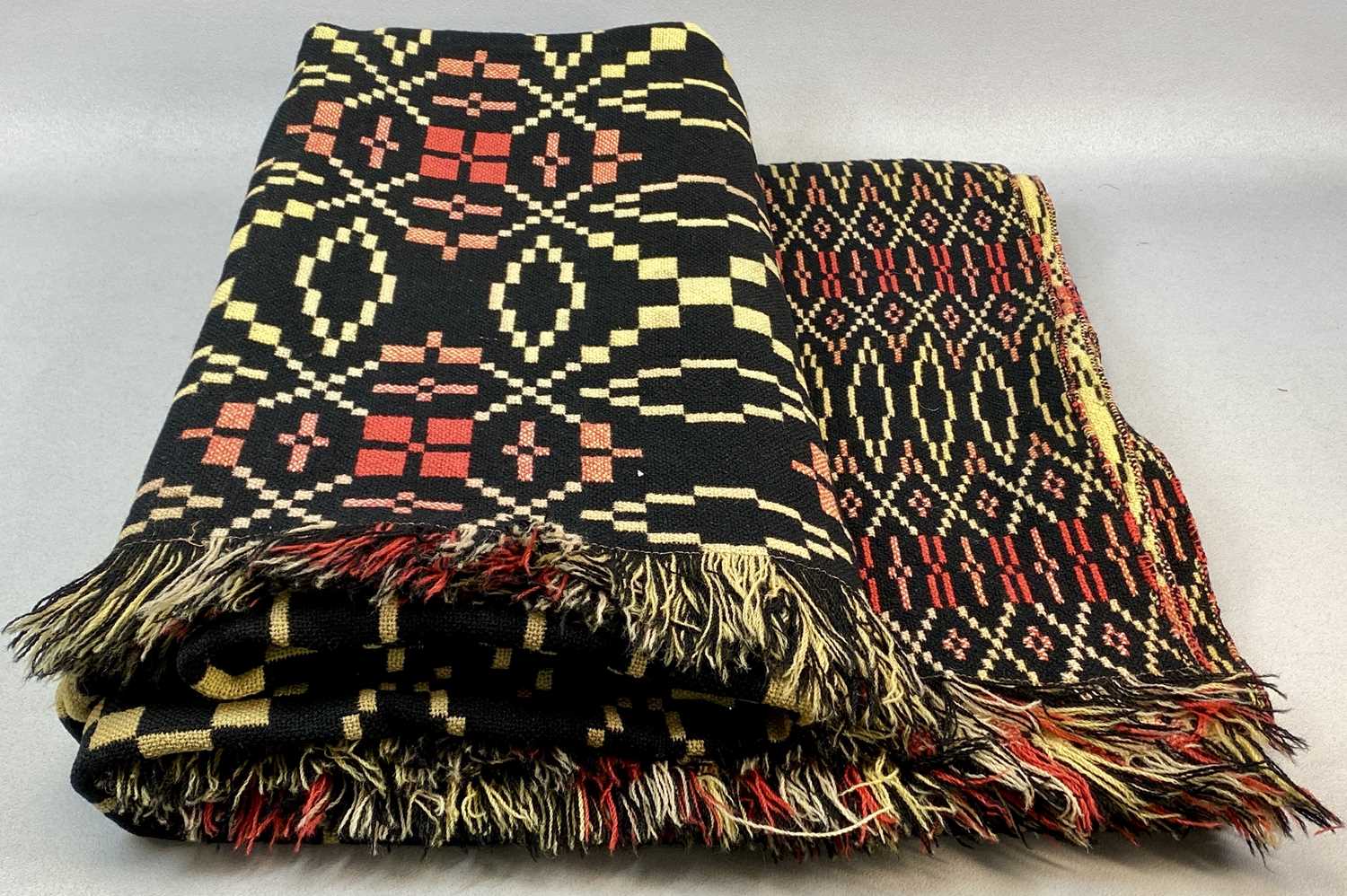 WELSH WOOLEN BLANKET, black, cream and red geometric pattern, double sided and fringed, 220 x 210cms - Image 3 of 3