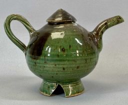 TERRY BELL-HUGHES (b. 1939) STUDIO TEA POT AND COVER, of squat globular form, twist handle and split