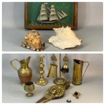 BRASS FIRE IRONS, CANDLESTICKS & BELLOWS, with two large seashells and a ship diorama, 29 (h) x 36.5