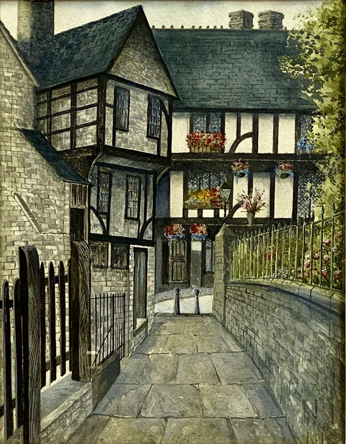 ‡ MICHAEL BRISCOE (British 20th century) watercolour - half-timbered houses, entitled verso "Trinity