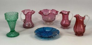 CRANBERRY GLASS, four pieces with pontil marks, two other pieces of coloured glass Provenance:
