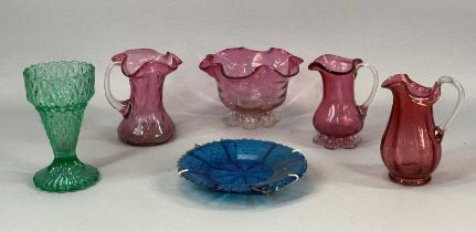 CRANBERRY GLASS, four pieces with pontil marks, two other pieces of coloured glass Provenance: