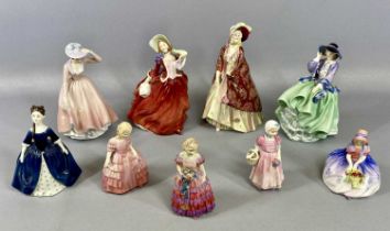 NINE ROYAL DOULTON FIGURES, "The Paisley Shawl" HN1392, "Autumn Breezes" HN1934, "Top O' the Hill"