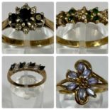 FOUR 9CT GOLD STONE SET RINGS comprising emerald and diamond chip band, size Q-R, floral blue