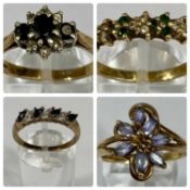 FOUR 9CT GOLD STONE SET RINGS comprising emerald and diamond chip band, size Q-R, floral blue