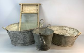 TWO VINTAGE GALVANISED TWIN HANDLED WASH TUBS, 68 x 42cms the largest, galvanised bucket with