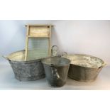 TWO VINTAGE GALVANISED TWIN HANDLED WASH TUBS, 68 x 42cms the largest, galvanised bucket with