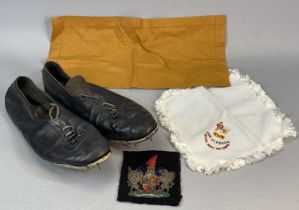 VINTAGE LEATHER RUNNING SPIKES, with Royal Army Corps sew on badges/handkerchief Provenance: private