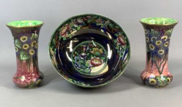 MALING FLORAL DECORATED LUSTRE BOWL, 11 (h) x 24.5cms (diam.) and a pair of Maling lustre vases,