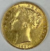 QUEEN VICTORIA GOLD SOVEREIGN 1880, shield back, inverted A for V, S below shield 8gms Provenance: