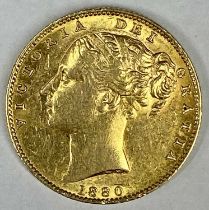 QUEEN VICTORIA GOLD SOVEREIGN 1880, shield back, inverted A for V, S below shield 8gms Provenance: