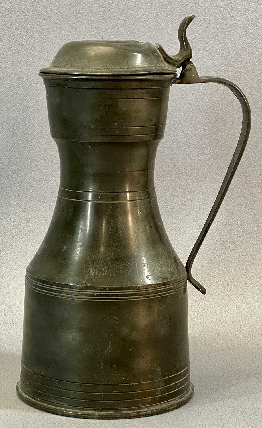 GROUP OF DRINKING VESSELS, TANKARDS & MEASURES, including George III pewter tappit hen, hinged - Image 5 of 7