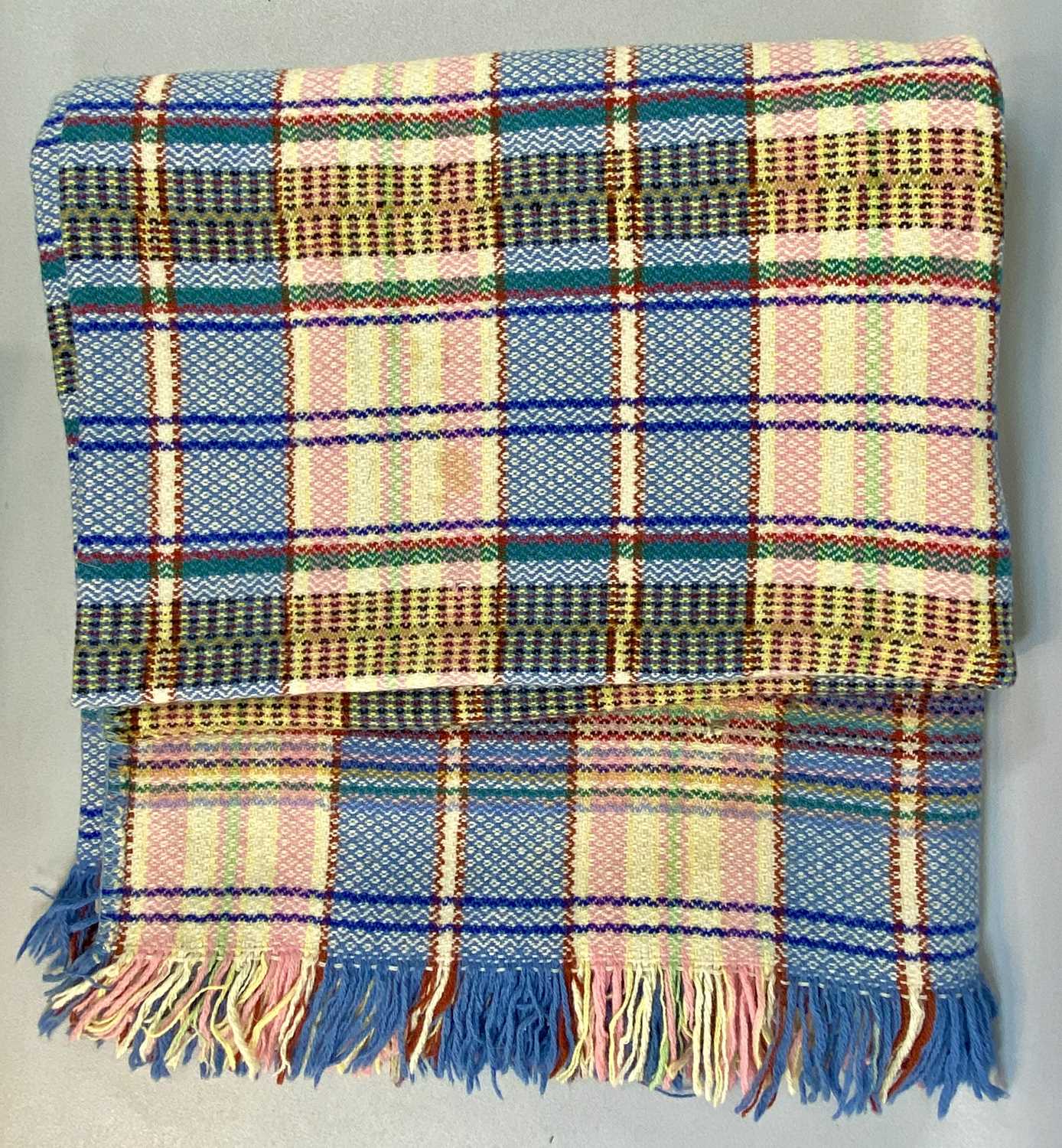 THREE VINTAGE WOOLEN BLANKETS, pink, blue, cream check pattern, double sided, fringed, 220 x 200cms, - Image 4 of 4
