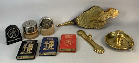 MIXED COLLECTABLES & BRASSWARE, brass candle holder, fireside bellows and door furniture, bank