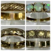 FOUR GOLD/YELLOW METAL RINGS, opal five stone band, size Q, two eternity, size O and K, half