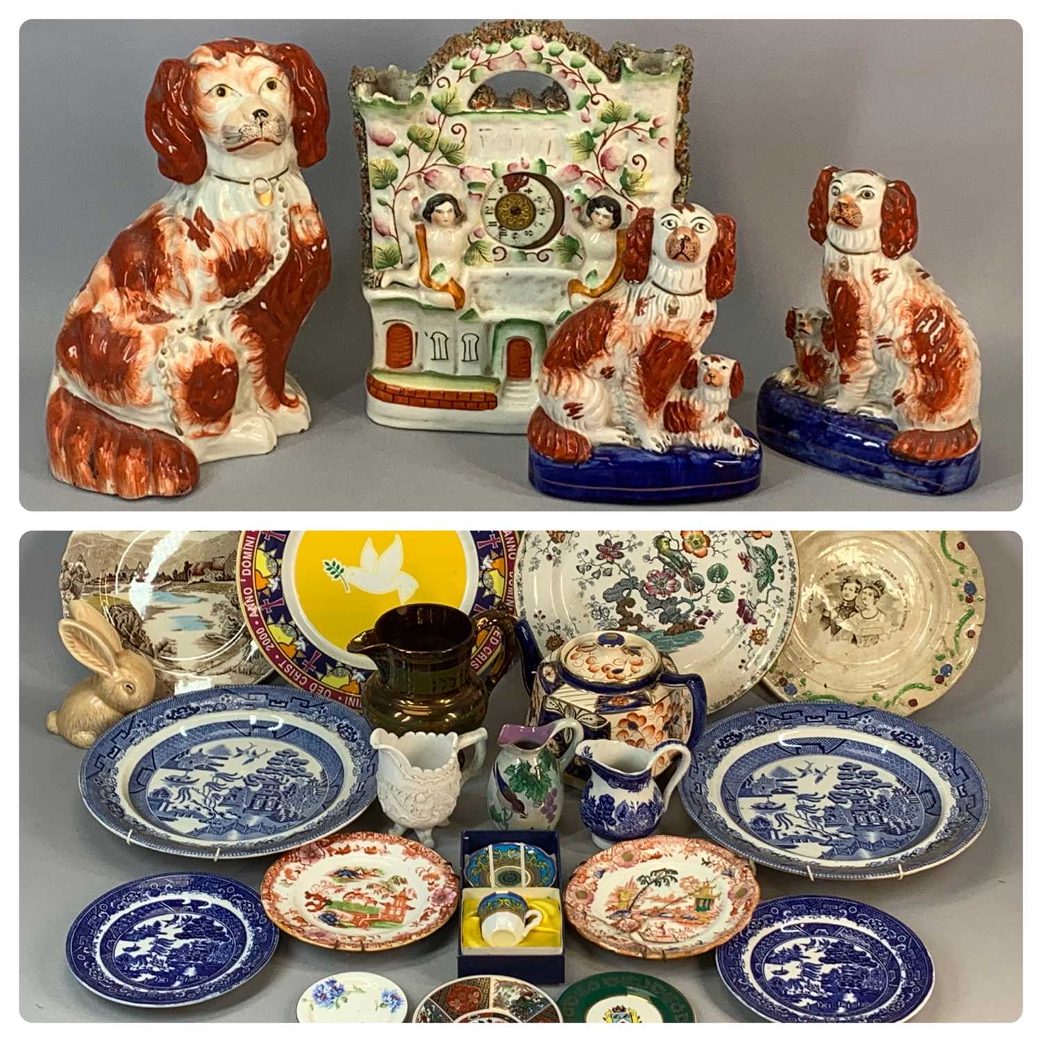 MIXED GROUP OF CERAMICS, 19th century and later, Staffordshire spaniel and puppy groups a pair,