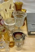 LARGE MIXED QUANTITY OF GLASSWARE, some coloured, including vases, jugs, bowls, dishes, ornaments