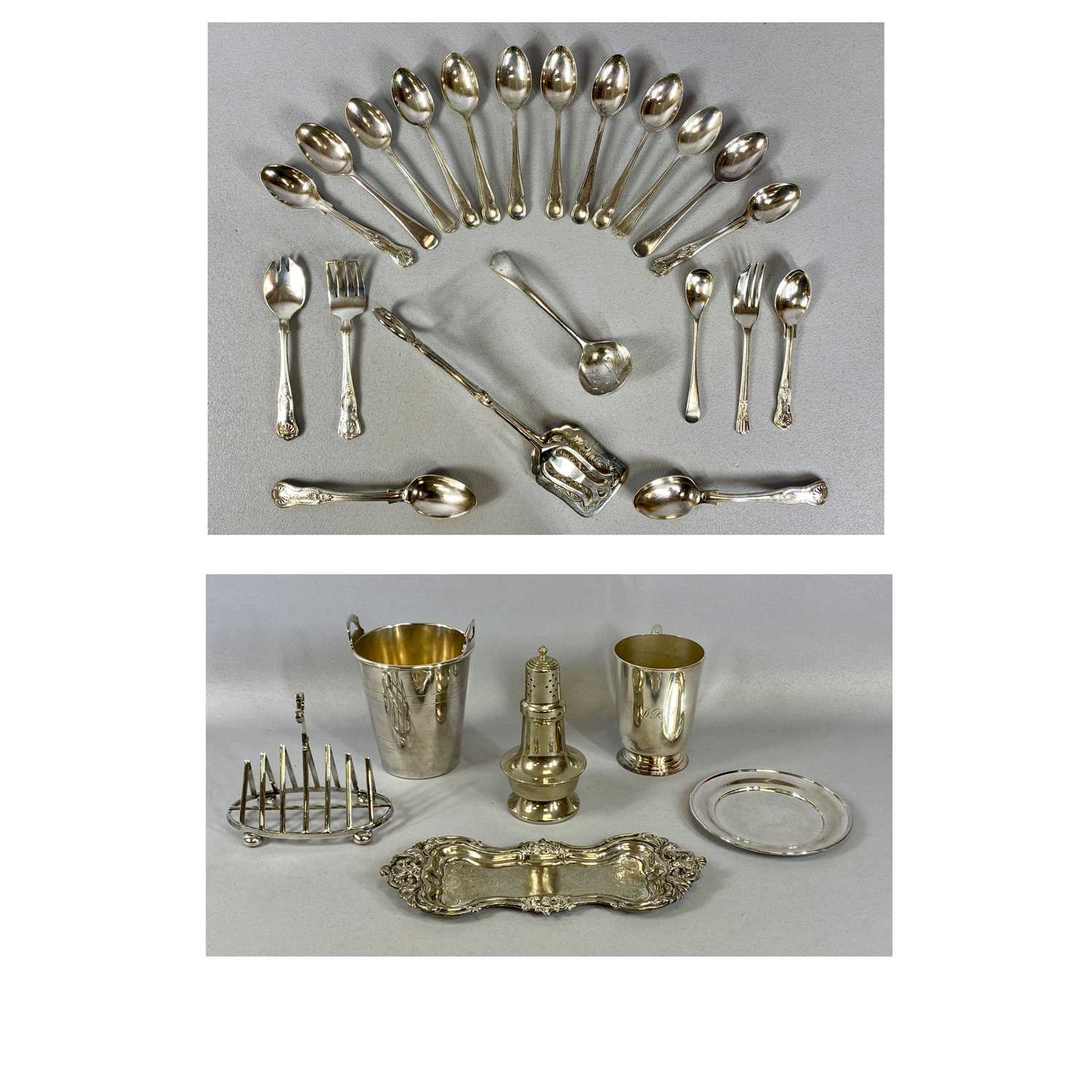 MIXED GROUP OF EPNS, including six division toast rack, ice buckets, baluster form sugar castor,