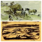 SIR KYFFIN WILLIAMS RCA OBE colour print - mountain ponies, 19 x 25cms and KAREL LEK print