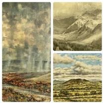 MIXED GROUP OF THREE PICTURES, MOSS WILLIAMS oil pastel - entitled verso "Heulwen a glaw tros