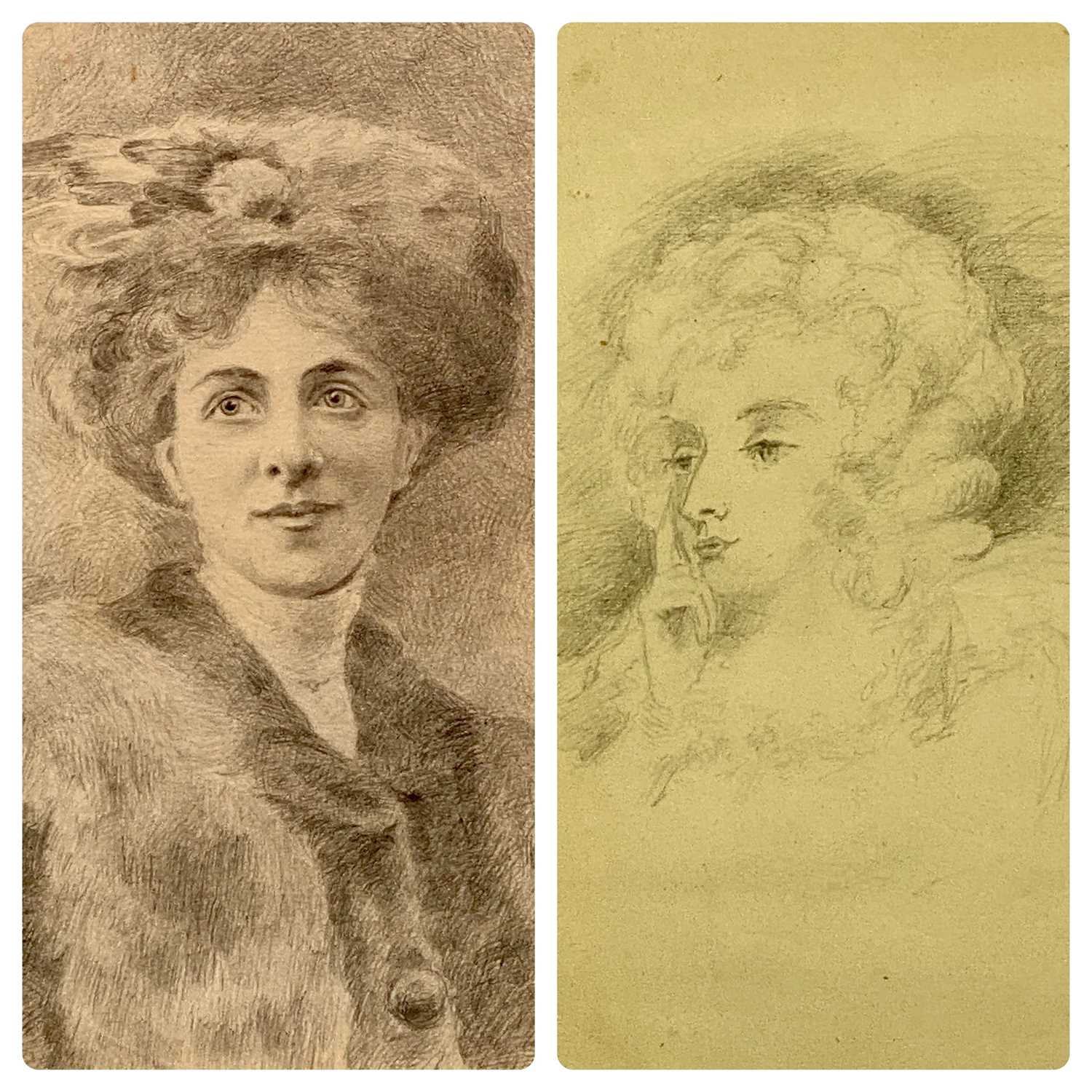 AFTER SIR JOSHUA REYNOLDS pencil sketch of Mrs Jane Braddyll - 29 x 22cms, another pencil portrait