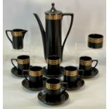 PORT MERION BLACK GLAZED COFFEE SERVICE, with gold Grecian key design, by Susan Williams-Ellis, 15