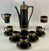 PORT MERION BLACK GLAZED COFFEE SERVICE, with gold Grecian key design, by Susan Williams-Ellis, 15