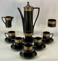 PORT MERION BLACK GLAZED COFFEE SERVICE, with gold Grecian key design, by Susan Williams-Ellis, 15