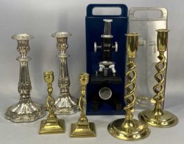 MIXED COLLECTABLES GROUP, including two pairs of brass candlesticks with twist columns, 26cms (h)