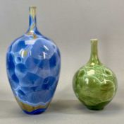 SIMON RUSH (b.1949) TWO BOTTLE VASES, blue crystalline glaze, 20cms (h) and green crystalline glaze,