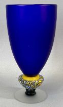 PAUL BARCROFT (Contemporary British) GLASS VASE/GOBLET, sapphire blue bowl, abstract knop on short