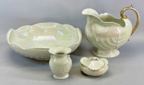 SHELLEY PEARL LUSTRE WASH JUG, BOWL, VASE & COVERED SOAP DISH, of shell design, the jug with