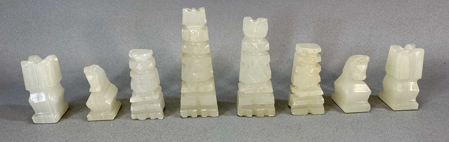 AUSTRALIAN GREEN & WHITE CARVED ONYX CHESS SET, of Aztec design, 32 pieces Provenance: private - Image 3 of 7