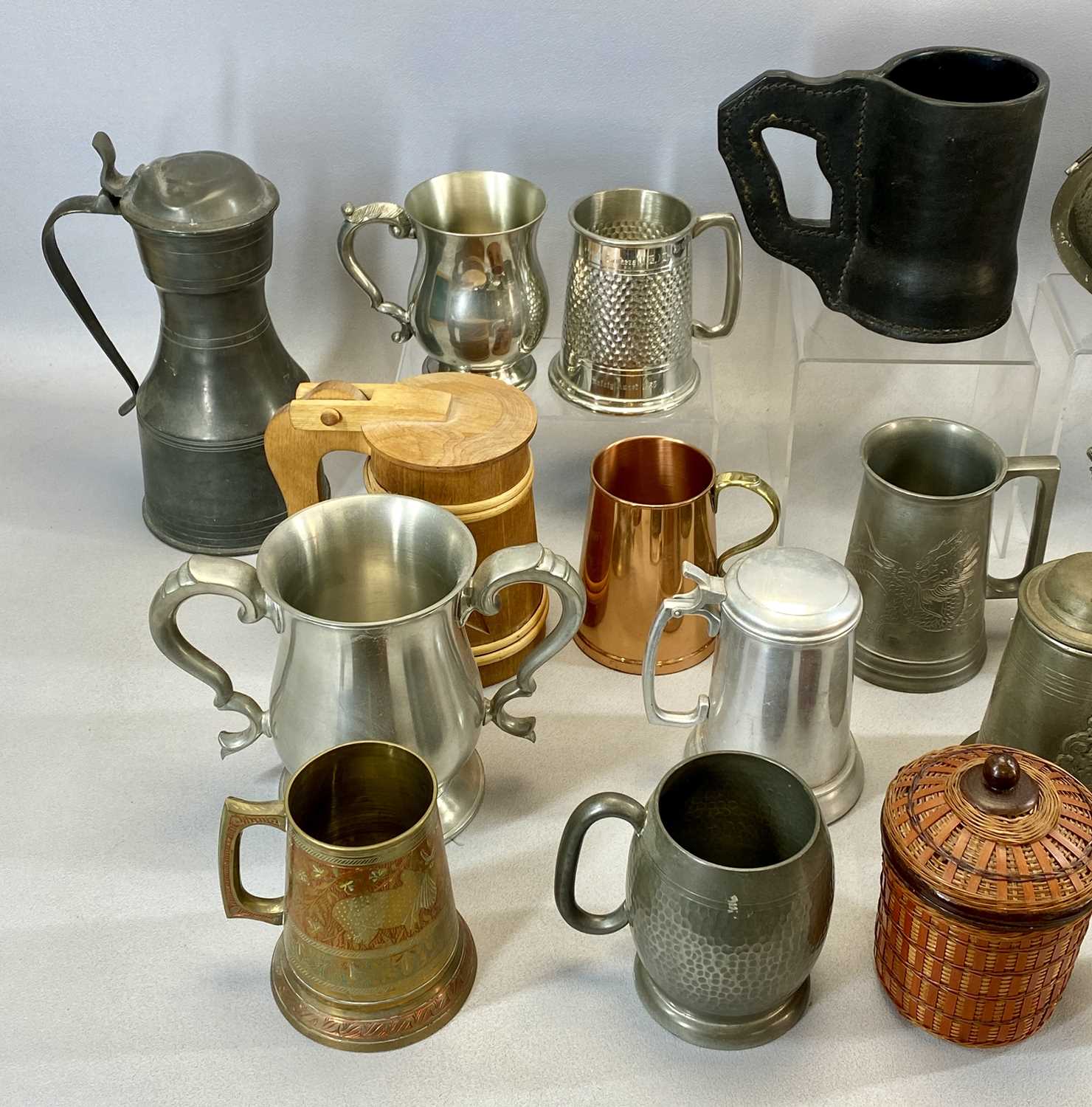 GROUP OF DRINKING VESSELS, TANKARDS & MEASURES, including George III pewter tappit hen, hinged - Image 3 of 7