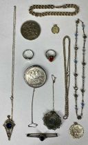 GROUP OF MIXED SILVER & WHITE METAL JEWELLERY & COINS including Victoria 1889 Crown mounted as a