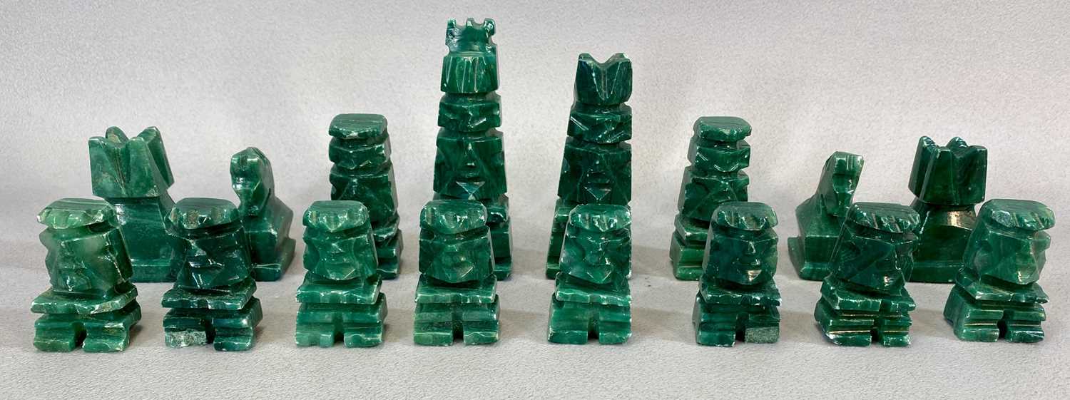 AUSTRALIAN GREEN & WHITE CARVED ONYX CHESS SET, of Aztec design, 32 pieces Provenance: private - Image 4 of 7