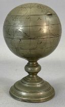 CHINESE PEWTER GLOBE SHAPED PEDESTAL TOBACCO JAR, early 20th century, hinged cover, interior