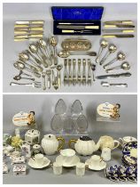 THREE SILVER TOP BOTTLES/JARS, VICTORIAN & LATER SILVER PLATED CUTLERY ETC. to include a cased