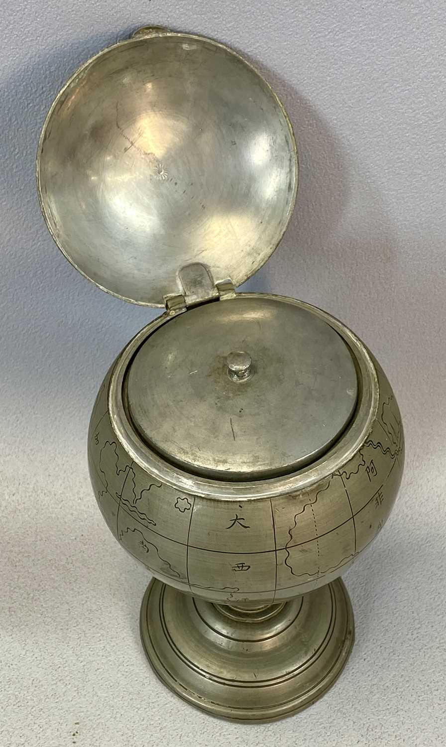 CHINESE PEWTER GLOBE SHAPED PEDESTAL TOBACCO JAR, early 20th century, hinged cover, interior - Image 5 of 5