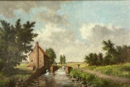 ‡ STEPHAN DE HAAN (Dutch 20th century) oil on canvas - watermill with figures to side, signed