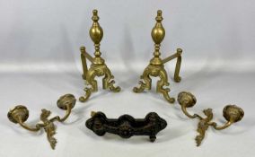 BRASS FIRE DOGS A PAIR, 30cms (h), brass wall sconces a pair, with old cast iron knocker by A.