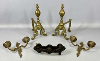 BRASS FIRE DOGS A PAIR, 30cms (h), brass wall sconces a pair, with old cast iron knocker by A.