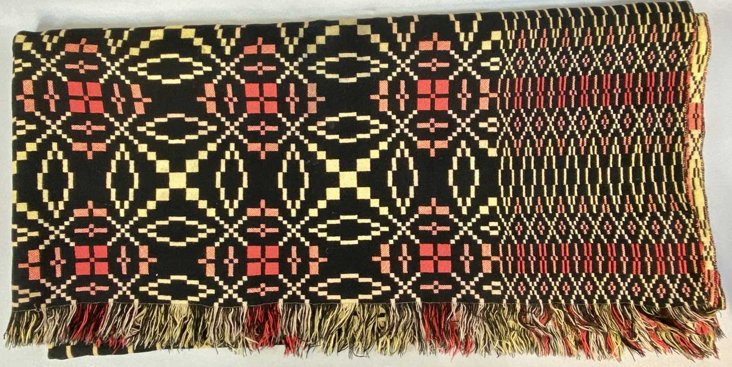 WELSH WOOLEN BLANKET, black, cream and red geometric pattern, double sided and fringed, 220 x 210cms - Image 2 of 3