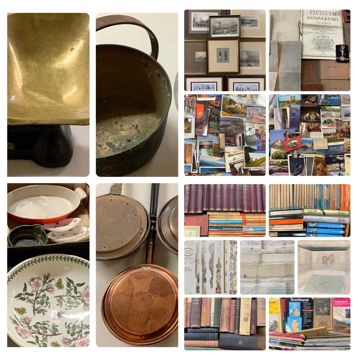 MIXED METALWARE, KITCHENALIA, ANTIQUE BOOKS & COLLECTABLES GROUP, including Weylux scales with brass