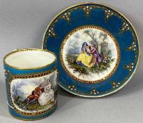 SEVRES BOWL & TANKARD, late 19th century, each painted with a panel depicting lovers on blue celeste
