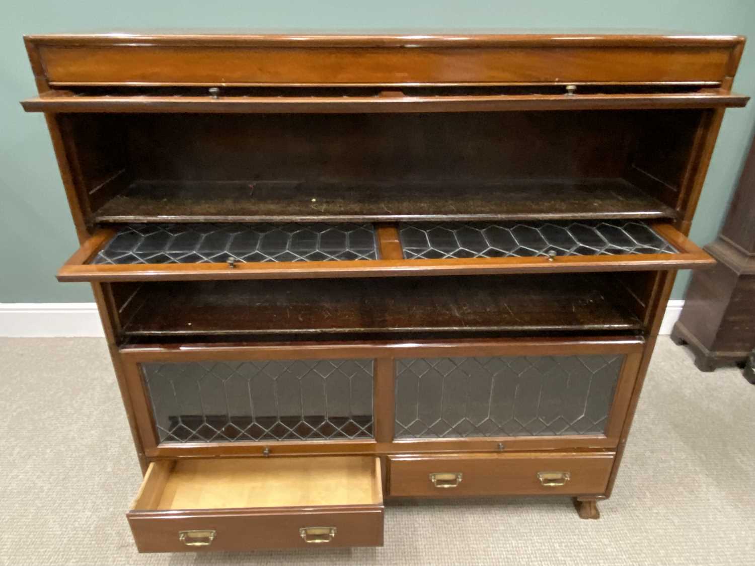 VINTAGE MAHOGANY LIBRARY BOOKCASE having three leaded glass letterbox doors above two drawers raised - Image 4 of 6