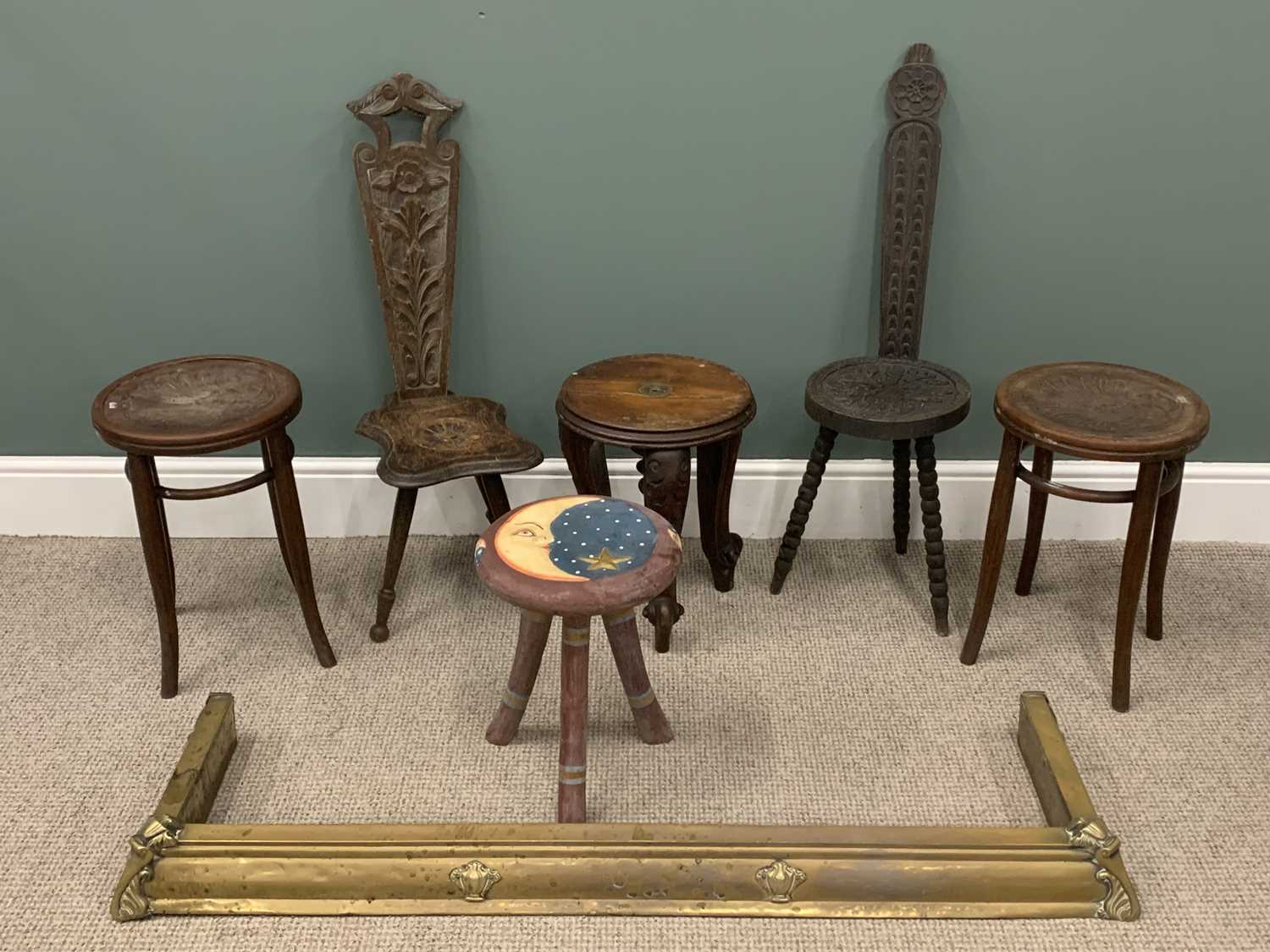 FURNITURE GROUP to include pair of bentwood stools, two carved spinning chairs, two further